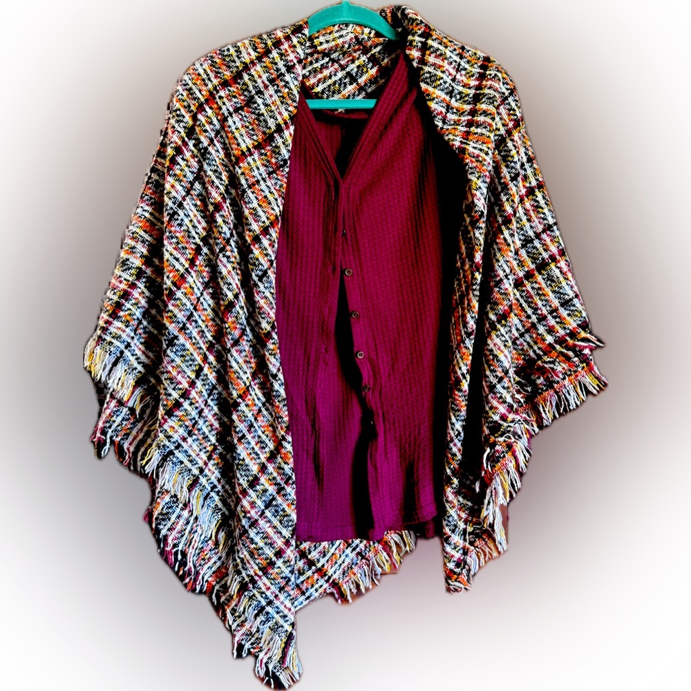 Fringed Blanket Scarf Shades of Burnt Orange Black Maroon Red Blue Cream Yellow